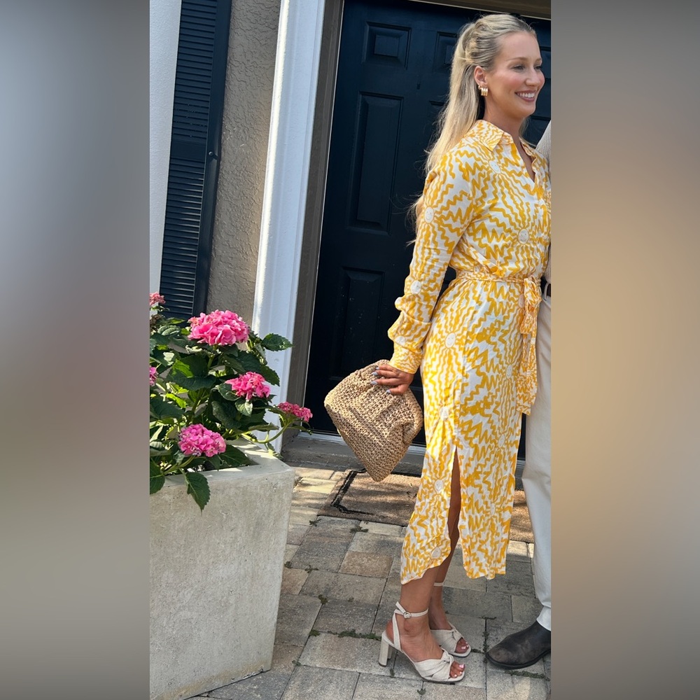 Elegant Yellow Patterned Long Sleeve Dress